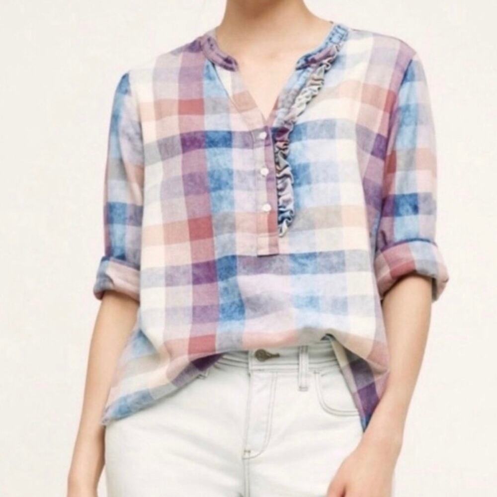 Anthropologie Isabella Sinclair Women’s Bleach Plaid Tunic Top Small Popover - Picture 2 of 6